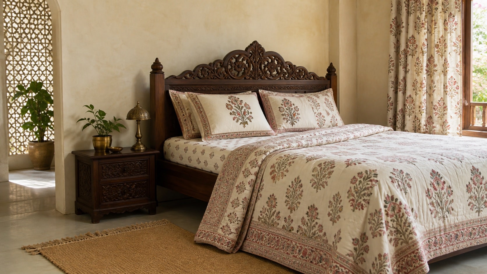 Hand-block printed bedding in a warm Jaipur-inspired bedroom