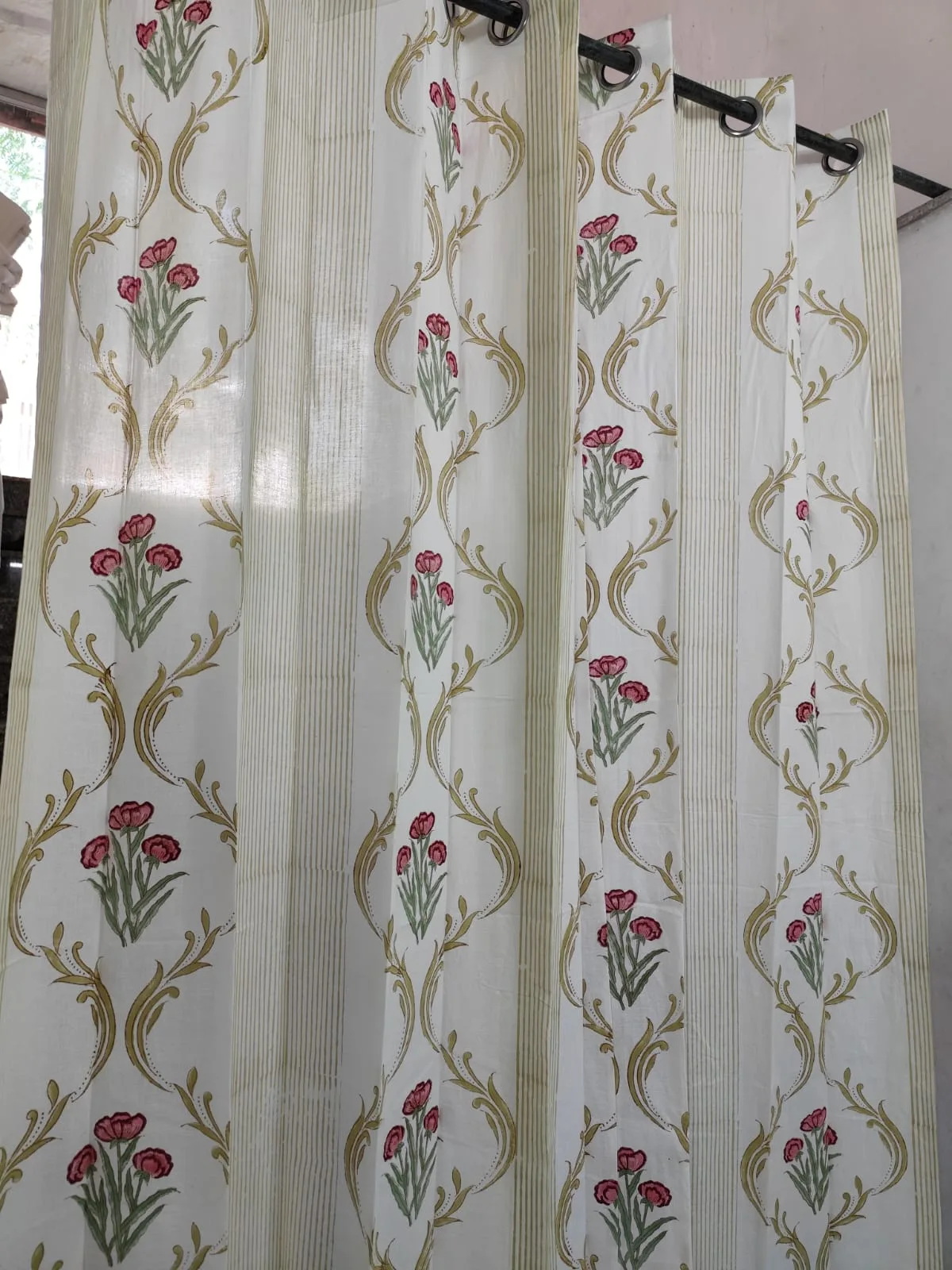 Original product photo of Rose Tulip Scroll & Olive Stripe Coordinated Pure Cotton Curtains