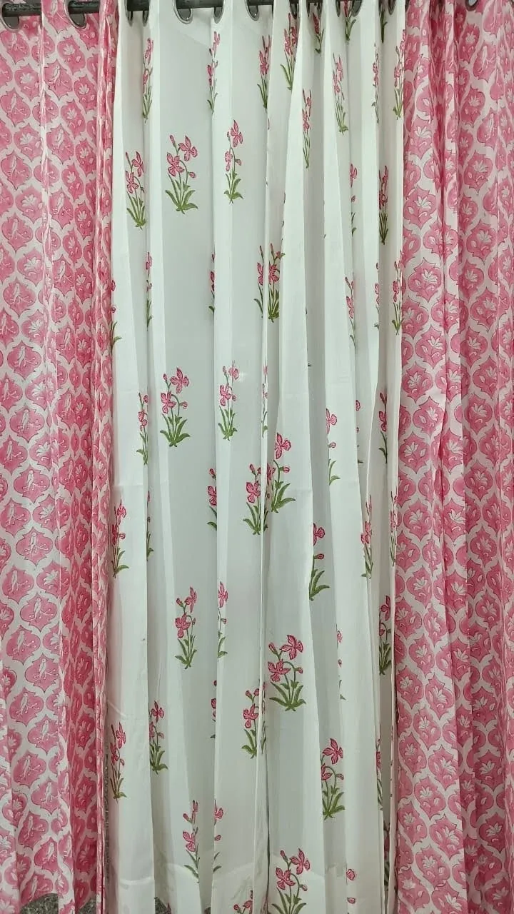 Original product photo of Rani Diamond & Pink Sprig Coordinated Pure Cotton Curtains