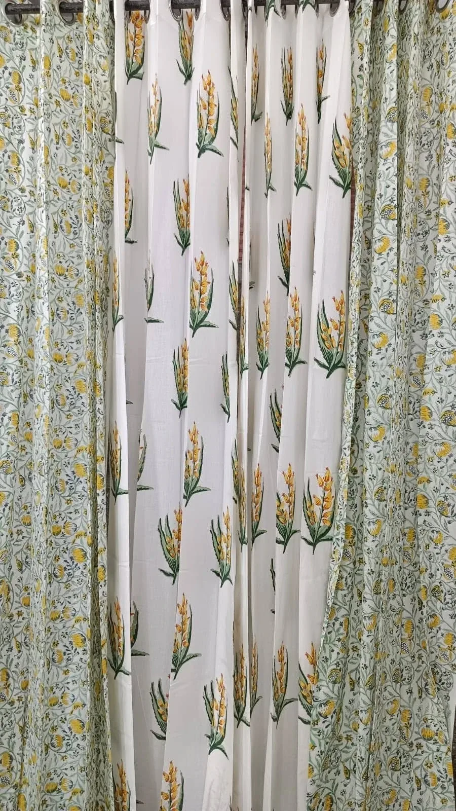 Original product photo of Sage Floral Jaal & Mustard Bud Coordinated Pure Cotton Curtains