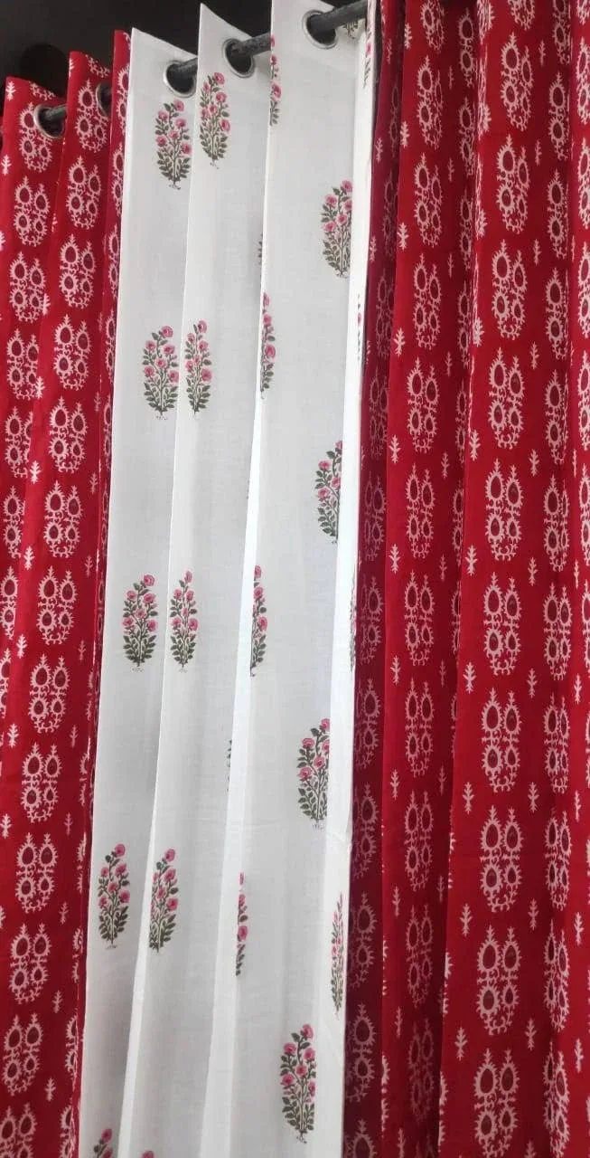 Original product photo of Vermilion Ikat & Mini Bouquet Coordinated Pure Cotton Curtains