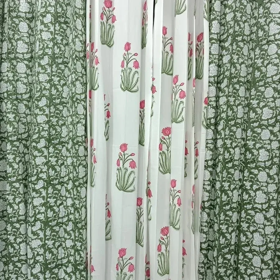 Original product photo of Bottle Green Blossom Jaal & Rani Lotus Coordinated Pure Cotton Curtains
