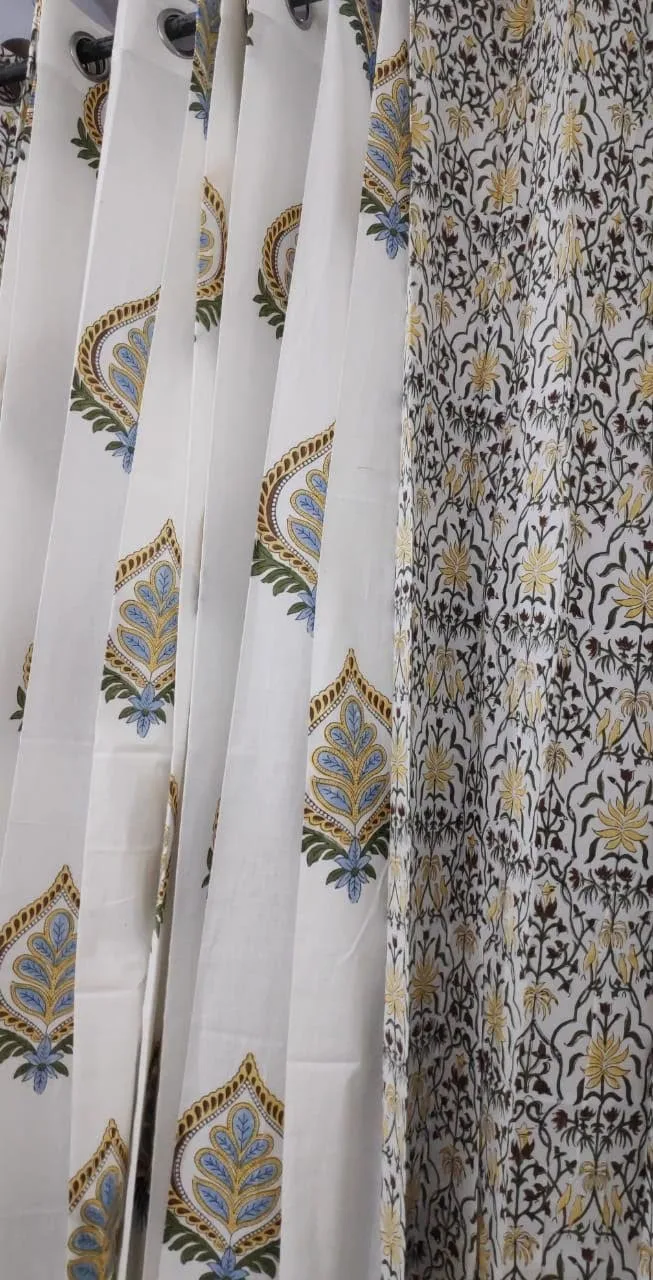 Original product photo of Charcoal Floral Jaal & Blue Buta Coordinated Pure Cotton Curtains