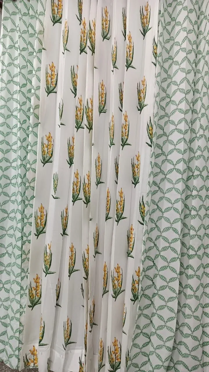 Original product photo of Sage Geometric Vine & Mustard Bud Coordinated Pure Cotton Curtains