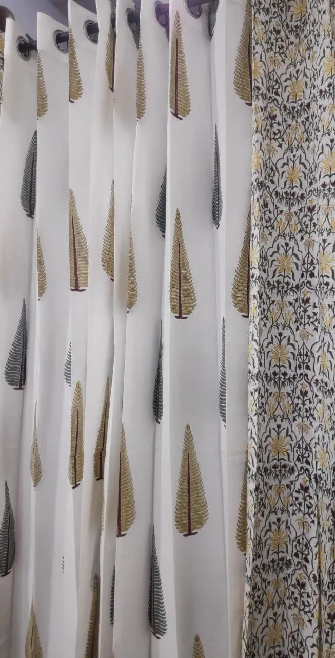 Original product photo of Charcoal Floral Jaal & Cypress Leaf Coordinated Pure Cotton Curtains