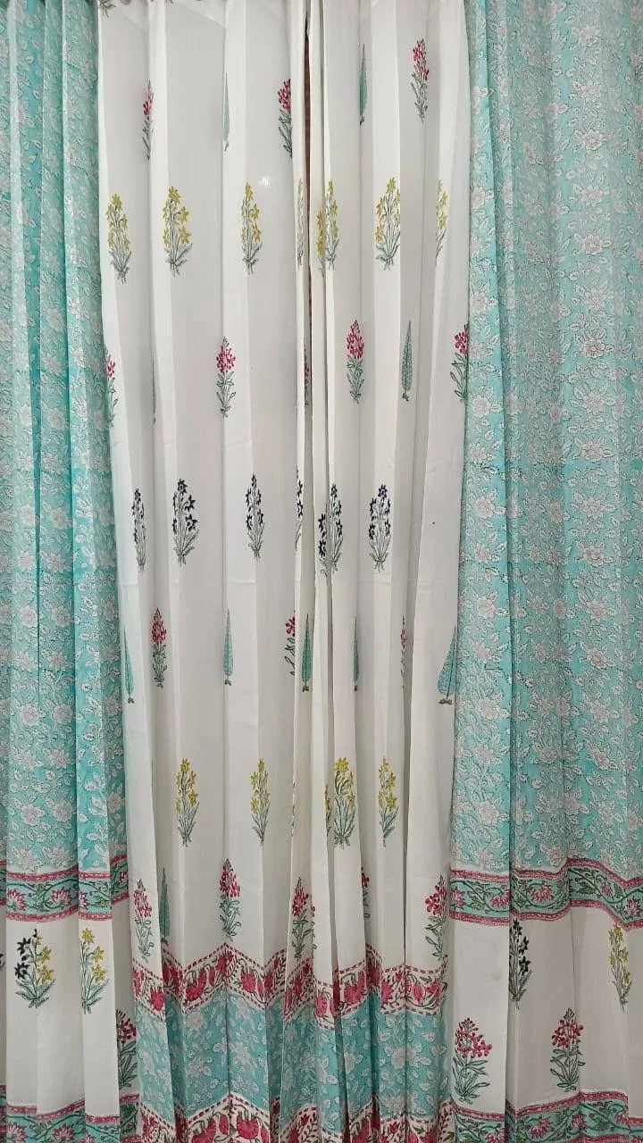 Original product photo of Aqua Border & Multicolour Buta Coordinated Pure Cotton Curtains