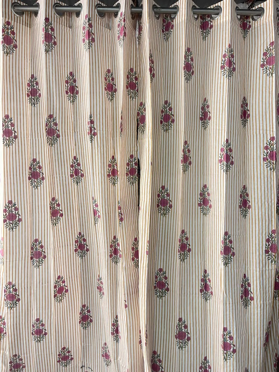 Original product photo of Rani Bouquet & Ochre Pinstripe Pure Cotton Curtains