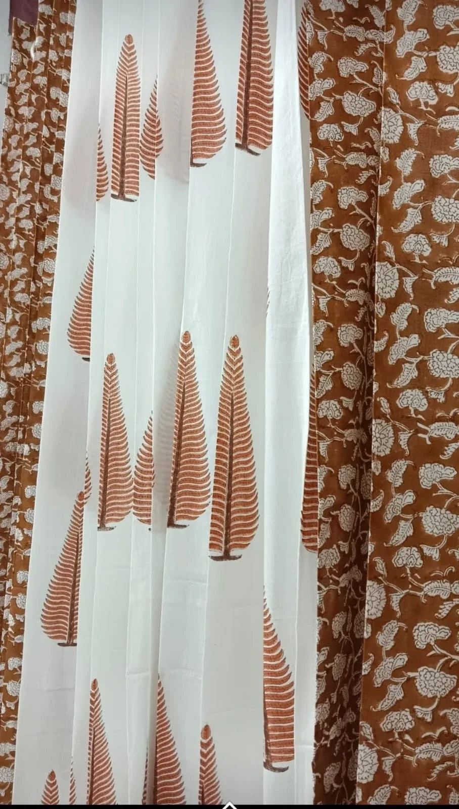 Original product photo of Rust Floral Jaal & Cypress Leaf Coordinated Pure Cotton Curtains
