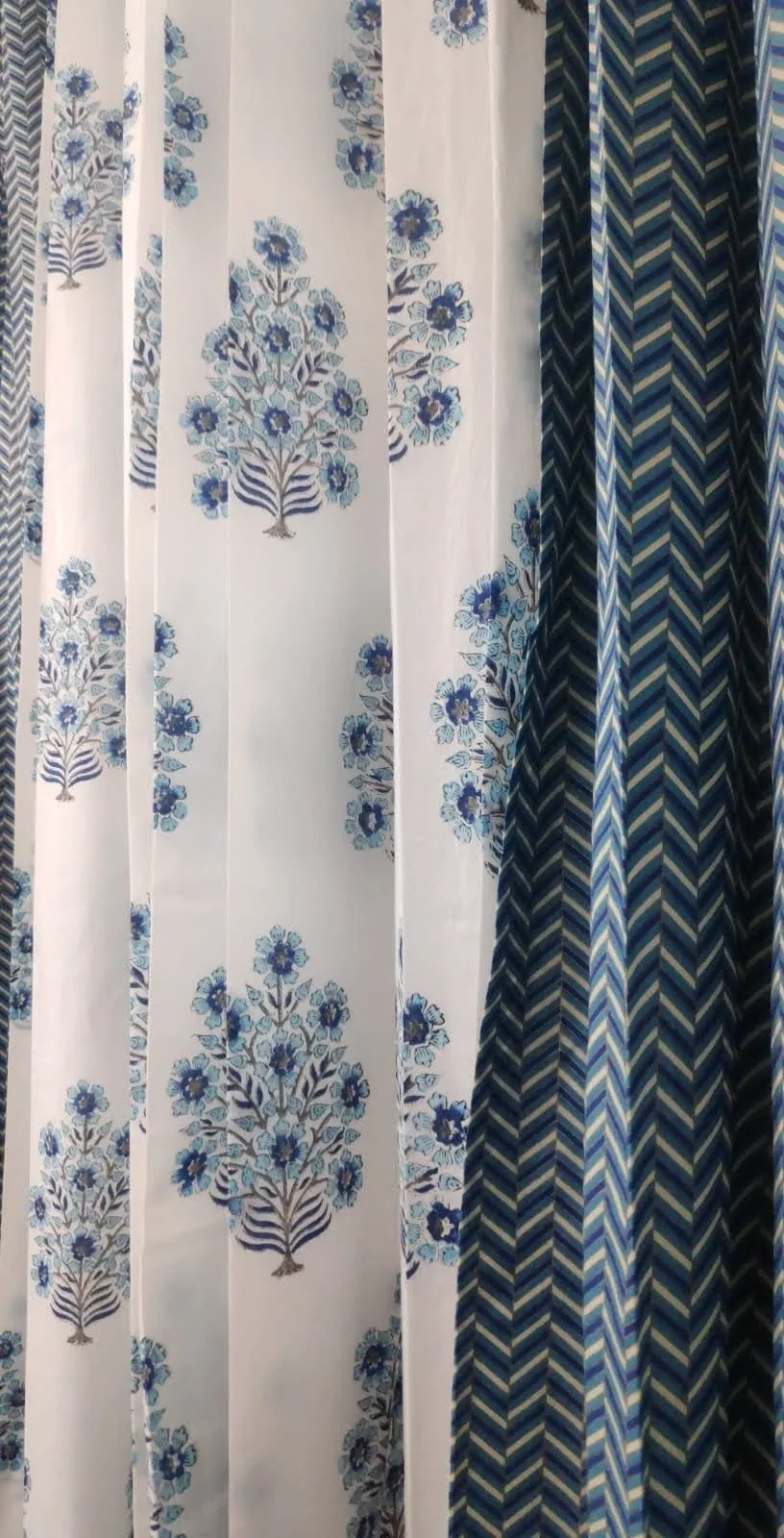 Original product photo of Indigo Chevron & Blue Bouquet Coordinated Pure Cotton Curtains