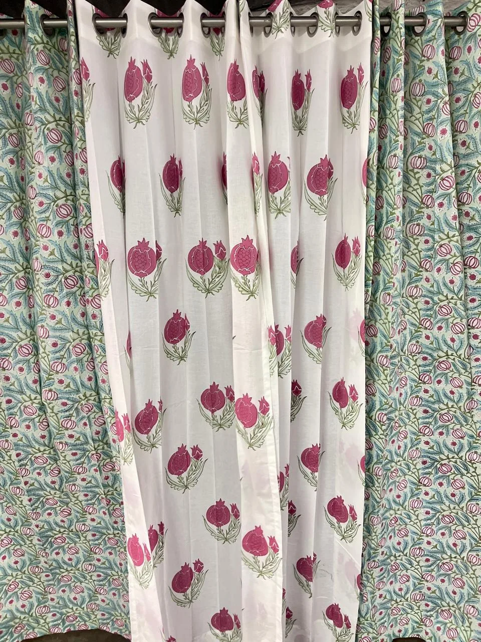 Original product photo of Aqua Pomegranate Vine & Rani Anar Coordinated Pure Cotton Curtains