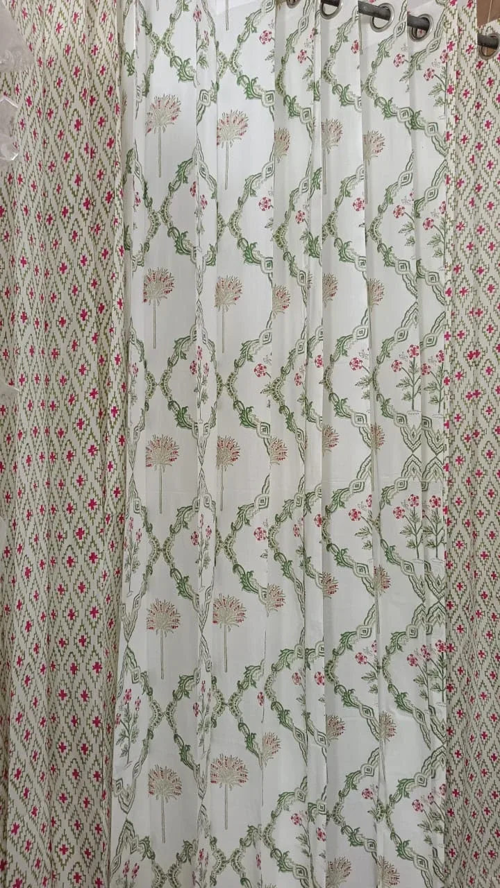 Original product photo of Rani Sage Diamond & Floral Vine Coordinated Pure Cotton Curtains