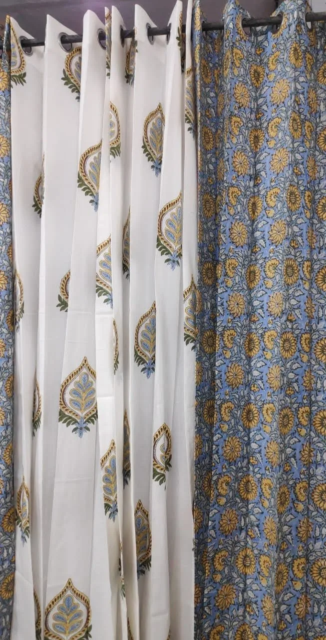 Original product photo of Powder Blue Daisy Jaal & Ornamental Buta Coordinated Pure Cotton Curtains
