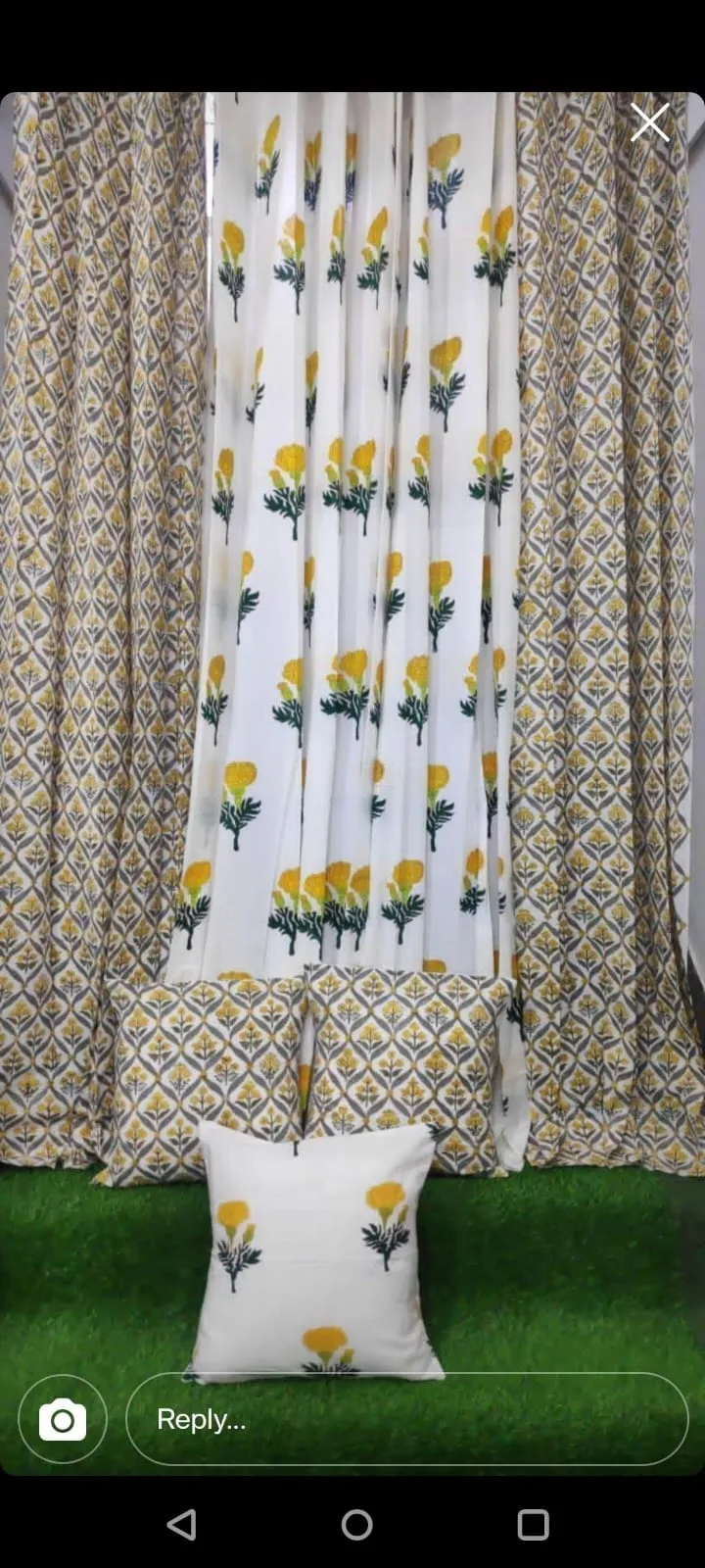Original product photo of Mustard Diamond Lattice & Marigold Bloom Coordinated Pure Cotton Curtains