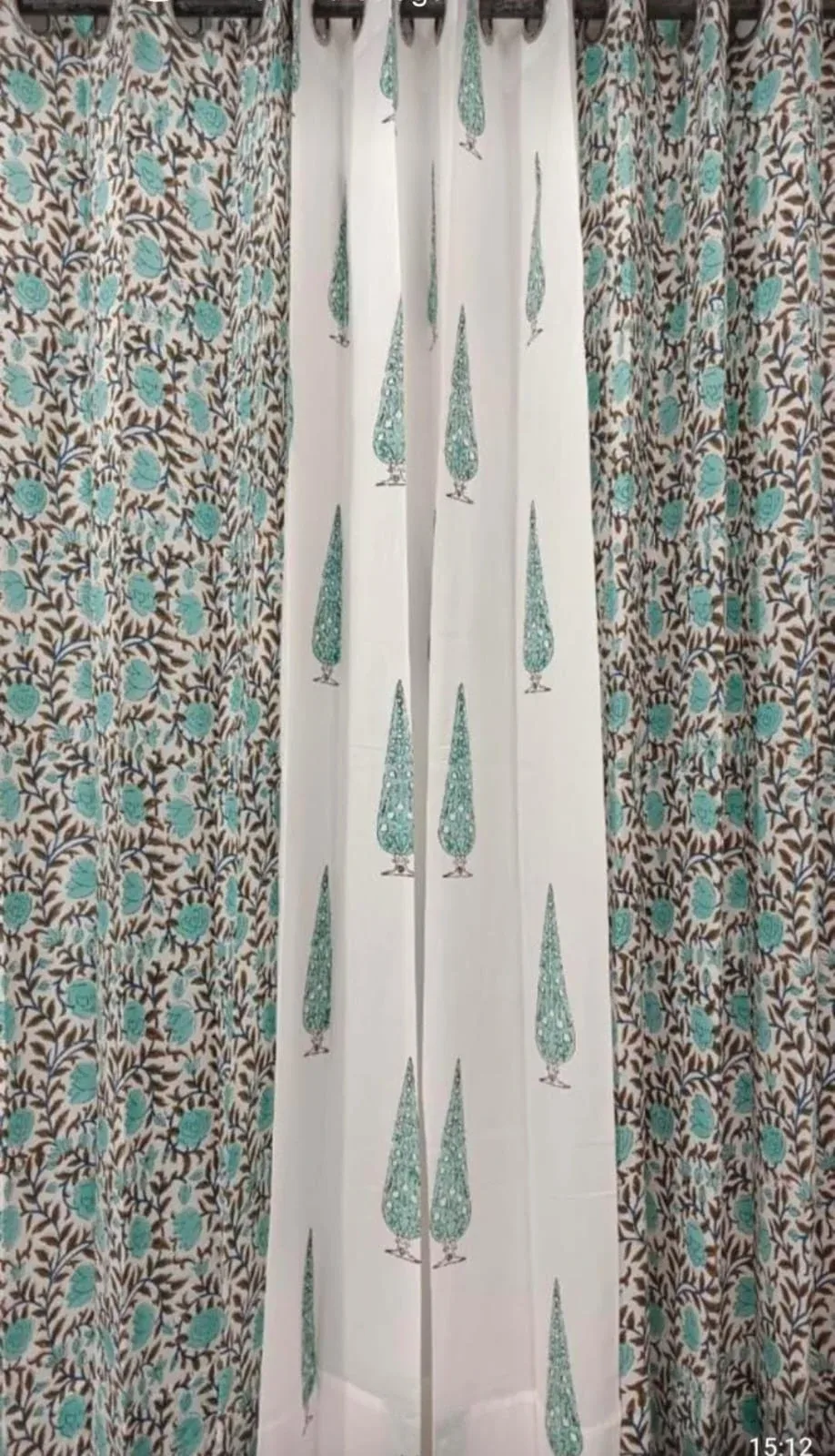 Original product photo of Aqua Floral Jaal & Teal Cypress Coordinated Pure Cotton Curtains