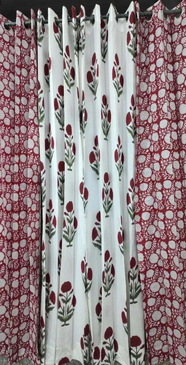 Original product photo of Maroon Mosaic & Rose Bud Coordinated Pure Cotton Curtains