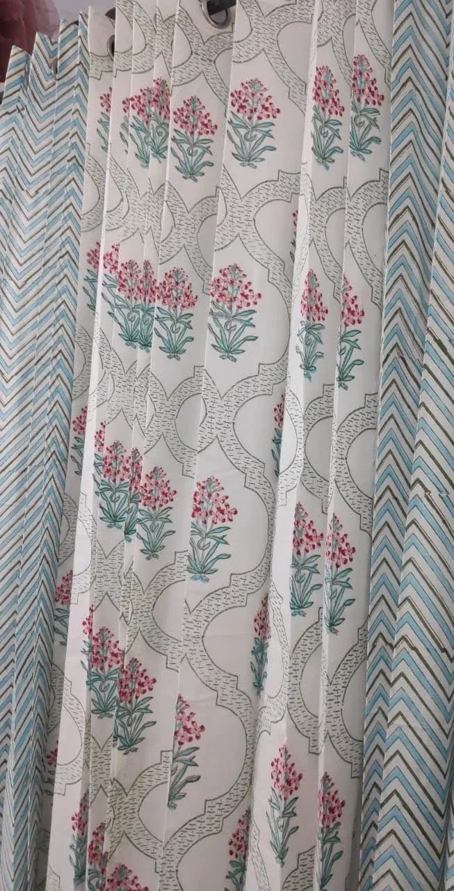 Original product photo of Powder Blue Chevron & Coral Bouquet Lattice Coordinated Pure Cotton Curtains