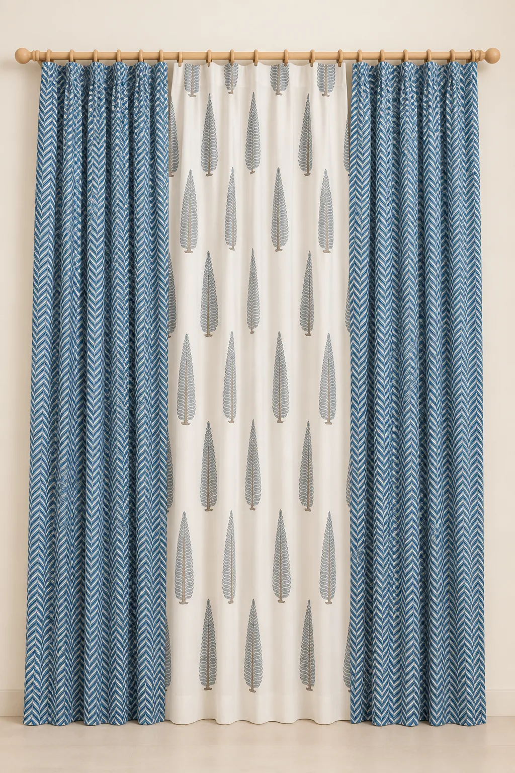 Indigo herringbone and botanical mulmul cotton curtains, full styled front view